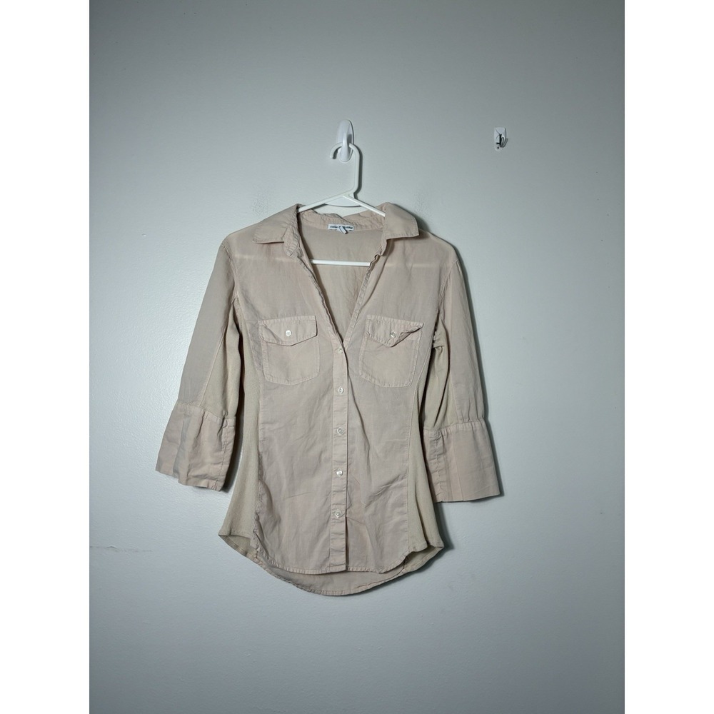 james perse women Button Front Top Sz 2 US M Beige Cotton 3/4 Sleeve Minimalist